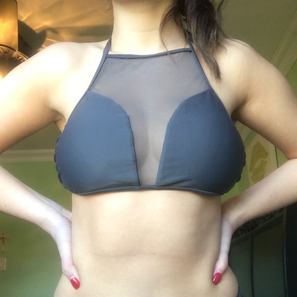 Gray mesh halter bikini top